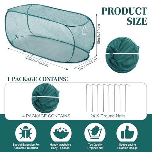 Threehoney 4 Pcs 39" x 18" x 16" Pop up Garden Mesh Plant Cover Outdoor Plant Protector Garden Row Raised Bed Cover with Ground Nails Crop Cage Net for Seedlings Vegetable Fruit Herbs (Dark Green) - color: Dark Green, size: 39" x 18" x 16"