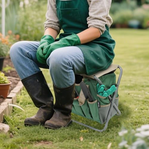 MDSTOP Folding Gardening Stool with Detachable Storage Tote Bag, Gardening Tools Set Organizer for Fishing Outdoor Sports Hiking Camping Garden, Gardening Gifts for Mom/Dad and Gardeners - color: Khaki+green