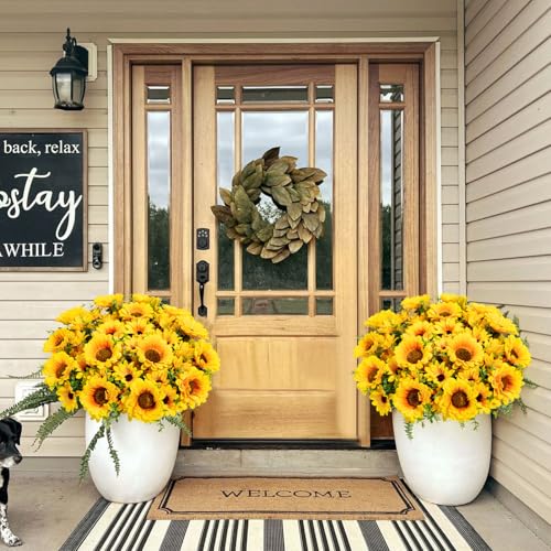 Artificial Sunflowers for Outdoors, 10 Bundles Fake Silk Sunflowers with Eucalyptus Leaves UV Resistant for Home Outside Front Door Porch Planters Garden Balcony Yard Patio Wedding Party Decor