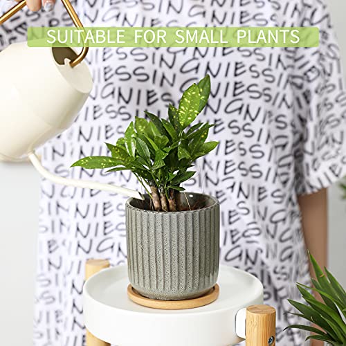 4 Inch Ceramic Plant Pot with Saucer, Creative Stripe Grey-Green Small Planters Pots with Drainage Hole and Mesh Pads for Succulent, Cactus, Herbs - Set of 4 - color: Stripe Grey-green