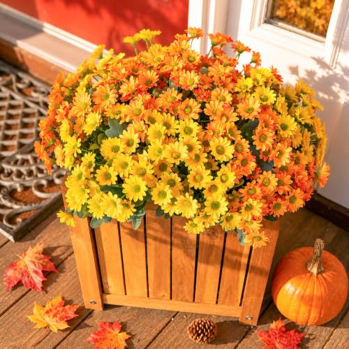 Daisy Artificial Flowers for Outdoors Summer Fall Decoration, 6 Bundles Fake Mums Silk Flowers for Outside Look Real UV Resistant Fake Plants Faux Flowers for Planter Front Door Home Indoor Porch, Mix - color: Mixed Colors(3 Yellow, 3 Orange)