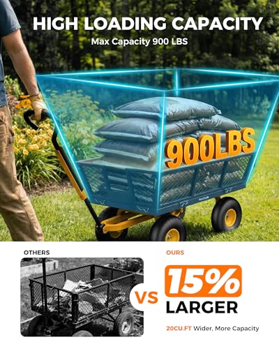 900 Lbs Heavy Duty Steel Garden Cart, Outdoor Metal Garden Wagon On Wheels, Utility Yard Cart with Mesh Removable Sides(Convert to Flatbed) and Removable Handle (to Wheel Barrow), Dark - color: Black