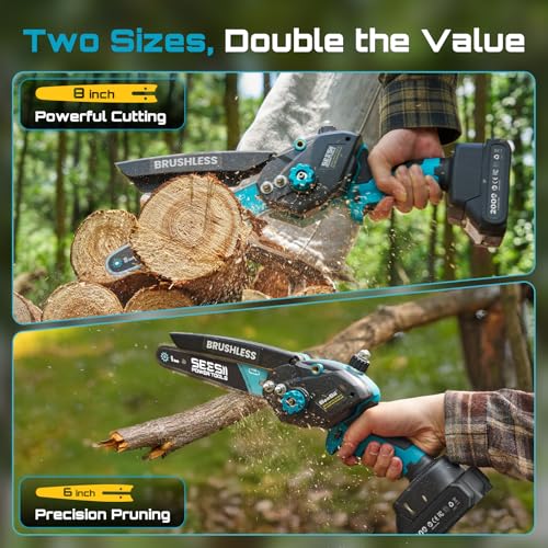 SEESII 8 Inch & 6 Inch Mini Chainsaw Cordless with 2 Batteries & Auto Oiler - color: Blue