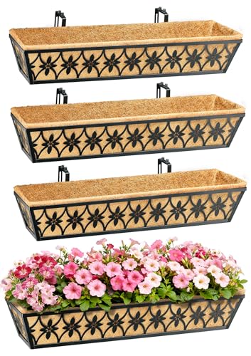 30 Inch Window Boxes Planters Railing Planter Box - 2 Pack Deck Railing Planter Boxes with Adjustable Brackets Coco Liners Balcony Planters Railing Hanging for Window Flower Boxes Outdoor Garden Decor - size: 30 Inch