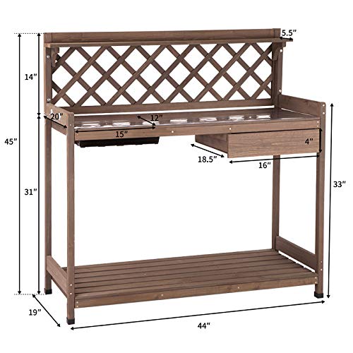 GUTINNEEN Potting Bench Garden Table for Plants Outside Outdoor Wooden Garden Work Bench with Sink Storage PVC Layer Drawer Shelf Hook for Gardening