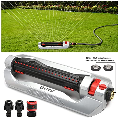 Eden 96216 Heavy Duty Turbo Oscillating Sprinkler, Covers Up to 4,900 sq. ft., 20 Precision Nozzles, Aluminum Base, Flow and Width Control, Adjustable Range, Quick Connects, Filters - style: With Triple Nozzle Switches