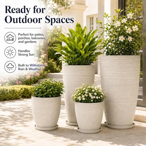 Usocik Large Outdoor Planters, Set of 4, 10/12/21/24 Inch, Beige Matte - color: Beige Ribbed Matte