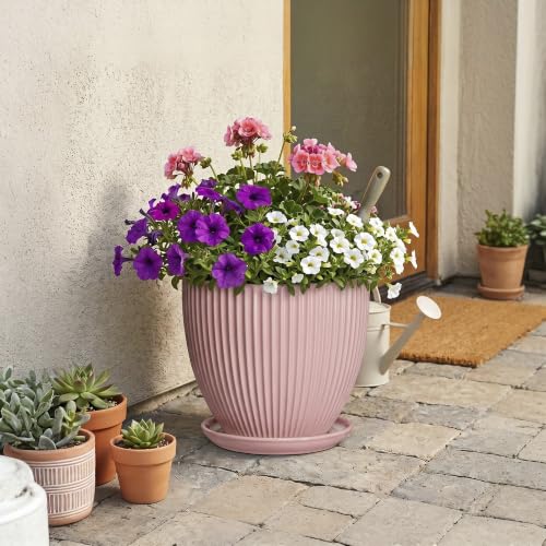 Flower Pot Ceramic, 10 Inch Indoor Planters with Saucer, Pink - color: Pink, size: 10 Inch