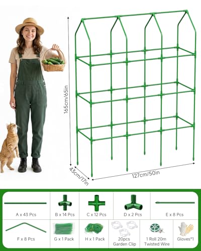 65" Cucumber Trellis for Climbing Plants Outdoor, Metal Garden Trellis for Raised Bed, Plant Support Structures with Netting for Cucumbers Tomatoes Beans Peas (50 * 17 * 65inch(L*W*H), Trellis)