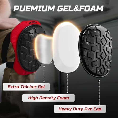 Professional Knee Pads for Work Construction with Heavy Duty Cap Foam Padding Gel Cushion Knee Pads for Men, Comfortable Adjustable Strong Strap, Military Grade Rivet for Flooring Gardening, Red - color: Red
