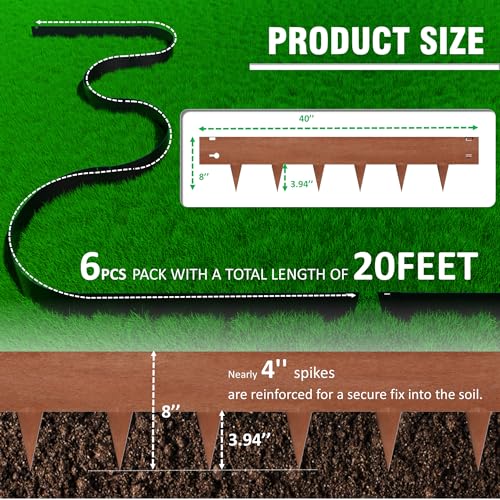 20ft (6-Pack) Cor-Ten Steel Landscape Edging – 40" x 8" Flexible Pre-Applied Rust Patina Garden Border - color: Rusted, size: 6 Pack ( 40 x 8IN )