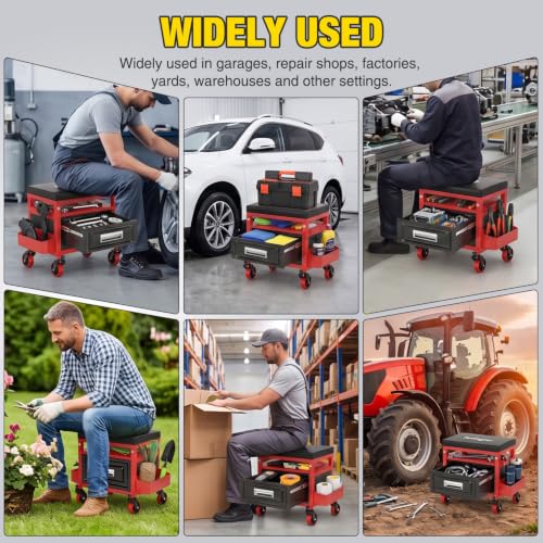 Nilight Rolling Mechanic Stool 350LBS Red Adjustable Garage Creeper Seat - color: Black Red 350lbs