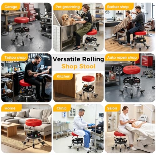 Rolling Shop Stool with Wheels,Mechanics Garage Work Stool,Red - color: Red