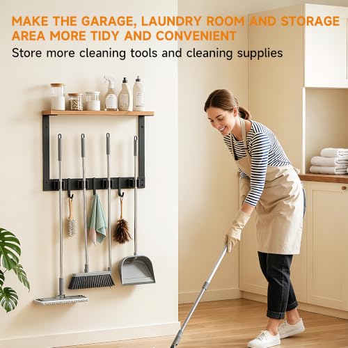 Broom Holder Wall Mount, Broom and Mop Organizer Wall Hanging with Solid Wood Frame,Organizer Rack Built with 4 Grippers & 3 Hooks; Broom Hanger Wall Mount for Laundry Room, Garages and Storage Room