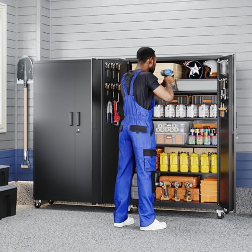 Yizosh Metal Garage Storage Cabinet with Locking Doors and Adjustable Shelves,- 71" Rolling Steel Tool Cabinet for Home Office,Garage,Warehouse - color: Black, size: 71"H x 43"W x 20"D (5 Shelves)