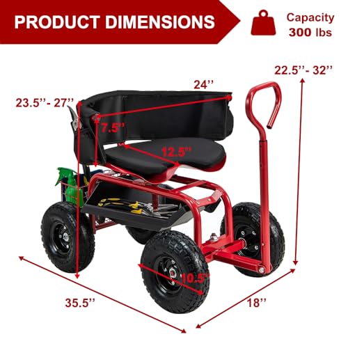 THUNDERBAY Garden Cart Rolling Workseat with Wheels, 360 Degree Swivel Seat, Wagon Scooter with Steering Handle & Utility Tool Tray for Planting, with Storage Basket and Tool Pouch, Red - color: Red