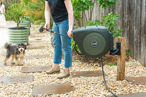 Garden Hose Reel Retractable 1/2" x 65ft Wall Mounted Hose Reel Automatic Rewind, Any Length Lock with 9 Patterns Sprayer Nozzle, Quick Connector and Adjustable shot Nozzle-Seaweed Green - color: Seaweed Green, size: 65ft