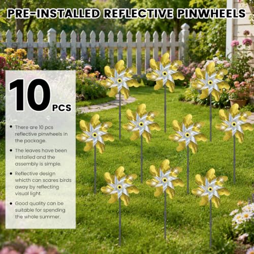 10 Pack Pre-Assembled Reflective Rainbow Pinwheels(Yellow) - color: Silver-yellow