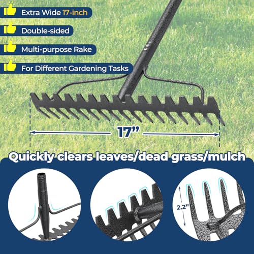 Garden Rake, 17" Extra Wide Double-Sided Head, 63" Heavy Duty Lightweight Stainless Steel Leaf Rake for Leveling Lawn, Loosening Soil, Leaf Cleanup, Soil Prep, Landscaping, Spread Mulch Fast