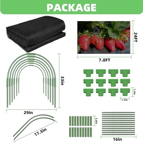 U0U Garden Mesh Netting Kit,7.8 x 24 Ft Plant Netting with Hoops,Bird Net for Garden with 6 Sets Garden Hoops & 18 Clips,Garden Net Bed Cover for Plants Birds Animals Protection (Black) - color: Black