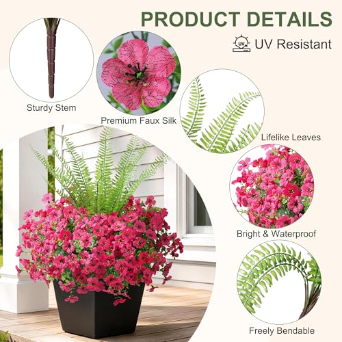 HyeFlora Artificial Faux Outdoor Flowers Plants for Spring Summer Decoration, 14 Bundles Fake Silk Colorful Daisy Ferns UV Resistant Realistic for Home Porch Patio Yard Window Box (Hot Pink) - color: Hot Pink
