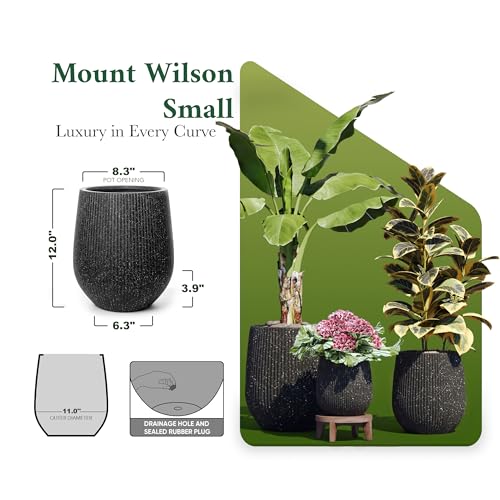 DTY Signature Mount Wilson Modern Indoor Outdoor Fiberstone Tapered Planter, Lightweight, Weather Resistant Garden Pot with Drainage Hole & Rubber Plug (Ribbed Black, 11'' D x 12'' H) - color: Ribbed Black, size: 11'' D x 12'' H
