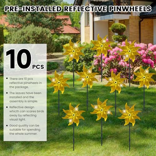 10 PCS Reflective Pinwheels for Yard and Garden Bird Devices Pre-Installed Sparkly Wind Spinner Deterrent to Scare Birds Away from Yard Patio Farm (Yellow) - color: Yellow