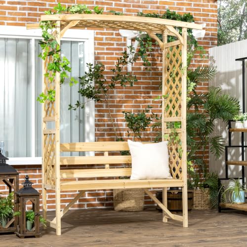 Outsunny Patio Garden Bench Arbor Arch with Pergola, 2 Trellises, Natural