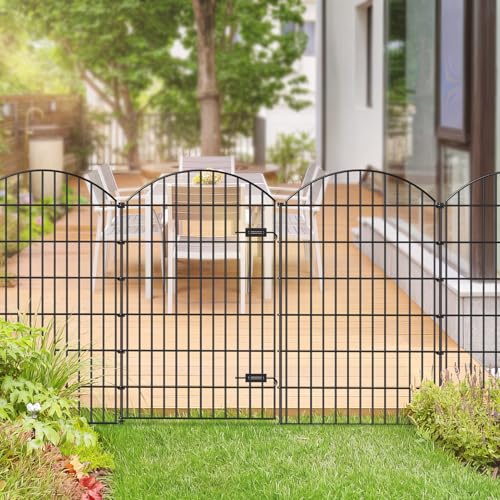 Metal Garden Fence with Gate 48 in x 12.7 ft, No-Dig Outdoor Dog Fence - size: 48"Hx12.7ft (Gate+4Panels)