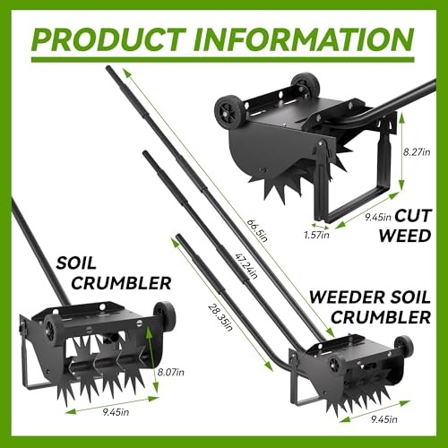 Lineware 9-Inch Lawn Aerator with Steel Handle,Heavy Duty Push Spike Aerator with 2 Wheels,Aerator Lawn Tool, Manual Aerator Lawn Tool with Foam Armrests, Suitable for Lawn, Garden and Yard