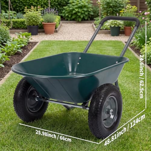 Garvee Wheelbarrow Garden Cart, Heavy Duty Home Utility, Dual-Wheel Home Garden Yard Utility Wheelbarrow Cart with Built-in Stand,(Green) - color: Green+black