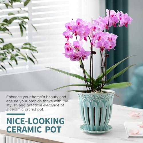 SUADEN 5" Ceramic Orchid Pots with Holes, Drainage and Separate Saucer - color: Blue, size: Round