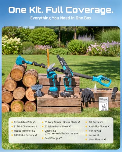 SEESII 6-in-1 Cordless Pole Saw & Hedge Trimmer Combo, 2×4000mAh Batteries - color: Navy Blue