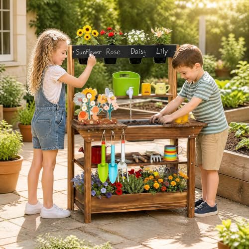 GLACER Mud Kitchen for Kids Outdoor, Fir Wood Potting Bench