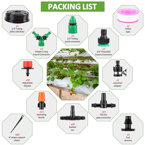 LasTool 164FT Drip Irrigation Kit,Automatic Garden Watering System with 1/4" Tubing,Adjustable Mist Sprayer Nozzles & Drip Emitters for Raised Bed,Patio,Lawn, Greenhouse-Easy DIY Installation - size: 164FT/50m
