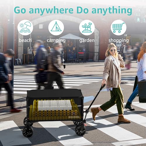 ROSONG Collapsible Wagon Cart with Wheels Foldable - Folding Utility Heavy Duty Wagons Carts for Grocery Sports Garden Shopping Camping Wheelbarrows (Black with Cover, 120L) - color: Black With Cover, size: 120L
