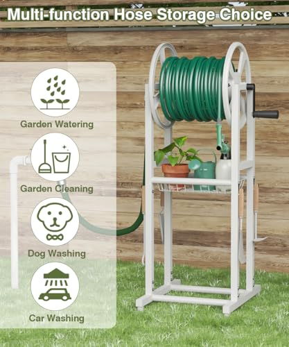 Freestanding Garden Hose Reel holds 125ft Hose of 5/8" with 4 Hooks, 4-Spike Outdoor Hose Holder with 3.9ft Leader Hose & Brass Fitting, Detachable Metal Hose Stand with Storage Rack, White - color: White