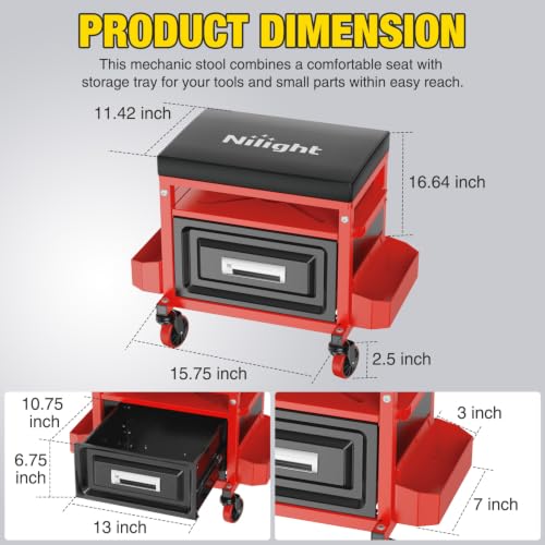 Nilight Rolling Mechanic Stool 350LBS Red Adjustable Garage Creeper Seat - color: Black Red 350lbs