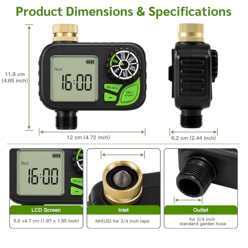 Sprinkler Timer for Garden Hose, Water Timer with Rain Delay, IP55 Weatherproof, Fits Standard 3/4" NH Hose Faucet
