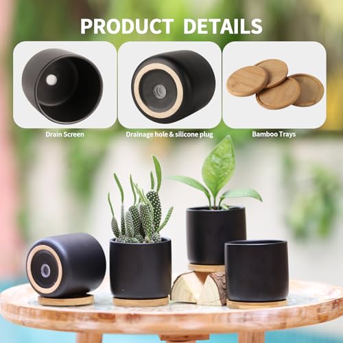 4" Ceramic Plant Pots with Drainage Holes & Trays Black Set of 4 - color: Black
