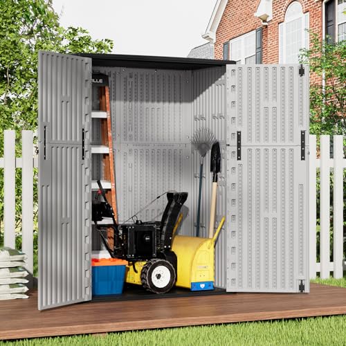 HOMSPARK Outdoor Storage Shed 57 Cu.Ft, All-Weather Resistant Resin Garden Sheds & Outdoor Storage Clearance with Floor, Double-Layer Plastic Tool Sheds for Patio, Garden & Lawn (Light Gray) - color: light gray, size: 57 Cu.ft