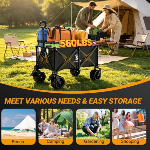 Heavy Duty Collapsible Beach Wagon with All-Terrain Wheels - color: Black
