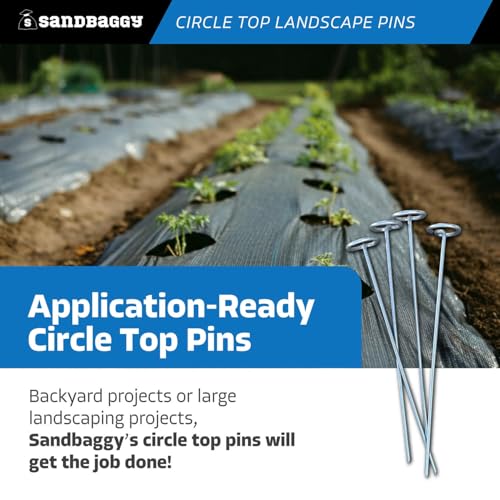 Sandbaggy 12 Inch Rust-Free Circle Top Pins | Industrial Grade 8 Gauge Galvanized Steel | Great for Hard & Rocky Soil | Holds 5X Better | Landscape Staples SOD Garden Stakes Weed Mats, Tarps (150 Pcs) - size: Galvanized 12-Inch - 150 Pcs