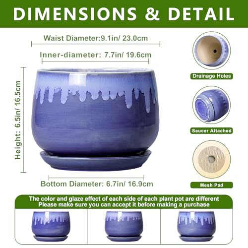 Ceramic Planter for Plants- 9 Inch Plant Pots Indoor with Drainage and Saucer, Decorative Planters, Durable Round Indoor Flower Pot, Garden Room Decor, Plant Gifts for Women Men, Blue - size: 9 Inch, style: Blue