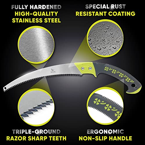 Konnig Professional Heavy Duty Pruning Saw, Comfort Handle with Saw Blade Enclosure - Japanese Design Hand Saw with FREE Garden Gloves - size: Razor Sharp 14.1" Curved