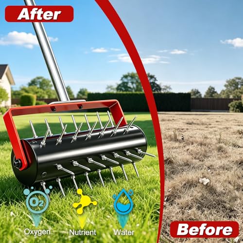 Rolling Lawn Aerator Tool Heavy Duty Manual Push Aerator Lawn Tool with 42 Spikes Lawn Aerator Spike Tool Soil Penetrator Push Lawn Aeration for Garden Yard Patio (Red)