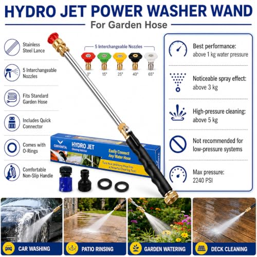 High Pressure Power Washer Wand for Garden Hose – 304 Stainless Steel Water Spray Lance with 5 Nozzle Tips