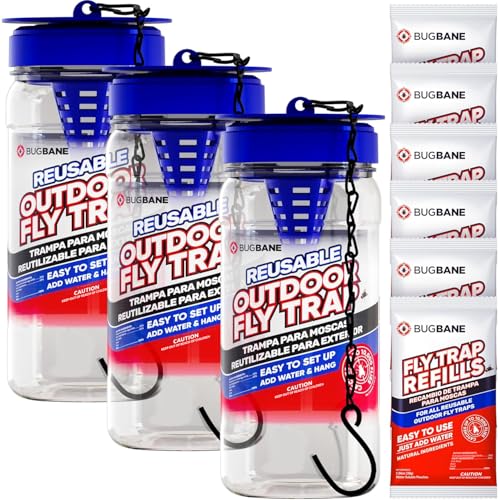 3 Reusable Outdoor Fly Trap with Chains with 9 Non-Toxic Dissolvable Bait Refills