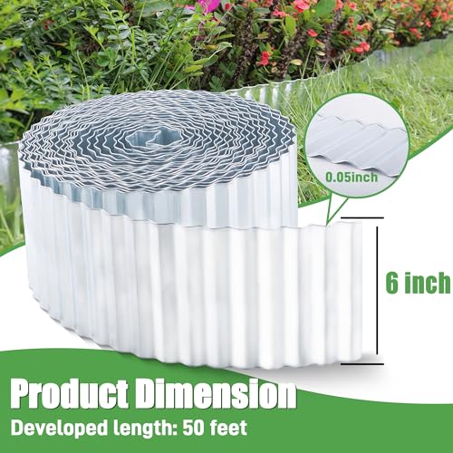 Quibbay Metal Corrugated Garden Edging, 6" x 50Ft Landscape Edging Border for Garden and Flower Bed, Garden Edging Border for Landscaping, Lawn and Yard, Silvery - color: Silver, size: 6 Inch × 50FT