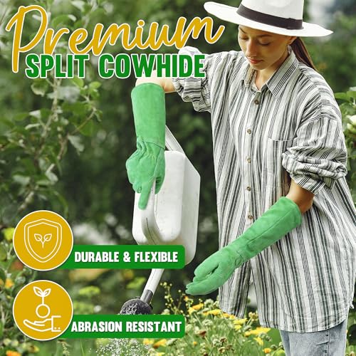 HANDLANDY Leather Gardening Gloves, Thorn Proof Long Gauntlet Heavy Duty Garden Gloves, Elbow Length Rose Pruning Weeding Yard Glove (Medium, Green) - color: Green, size: Medium (Pack of 1)